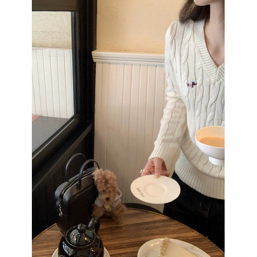 奶白色V領修身刺綉麻花針織衫上衣女秋季高級感套頭長袖內塔毛衣