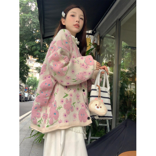 植絨花朵粉色毛衣開衫女秋冬小個子寬松慵懶風設計感軟糯針織外套