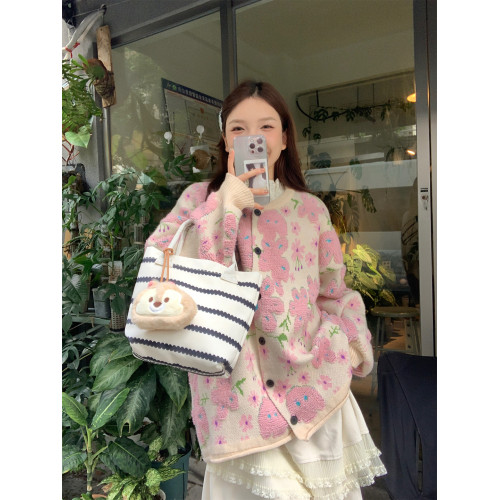 植絨花朵粉色毛衣開衫女秋冬小個子寬松慵懶風設計感軟糯針織外套