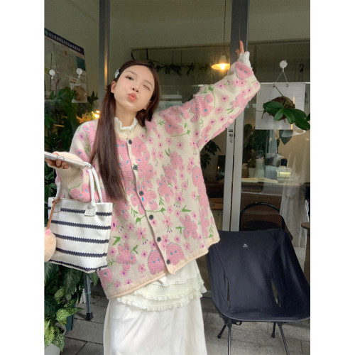 植絨花朵粉色毛衣開衫女秋冬小個子寬松慵懶風設計感軟糯針織外套