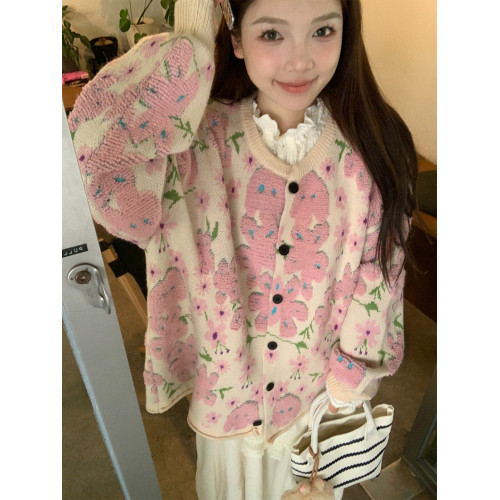 植絨花朵粉色毛衣開衫女秋冬小個子寬松慵懶風設計感軟糯針織外套