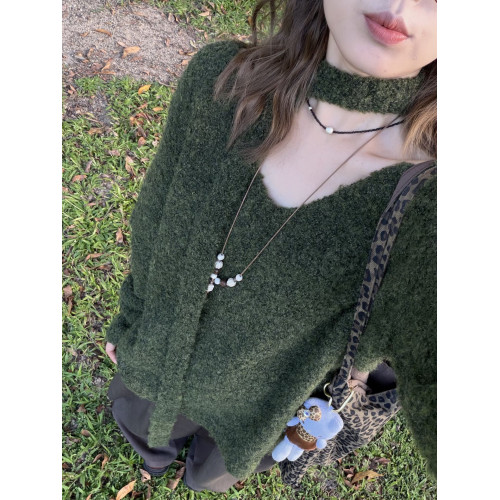 韓系慵懶風V領毛衣女秋季新款氣質復古高級感顯瘦長袖針織衫上衣