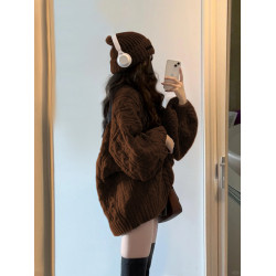 200斤胖MM慵懶復古V領寬松咖色麻花毛衣女學生秋冬外穿百搭針織衫