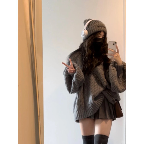 200斤胖MM慵懶復古V領寬松咖色麻花毛衣女學生秋冬外穿百搭針織衫