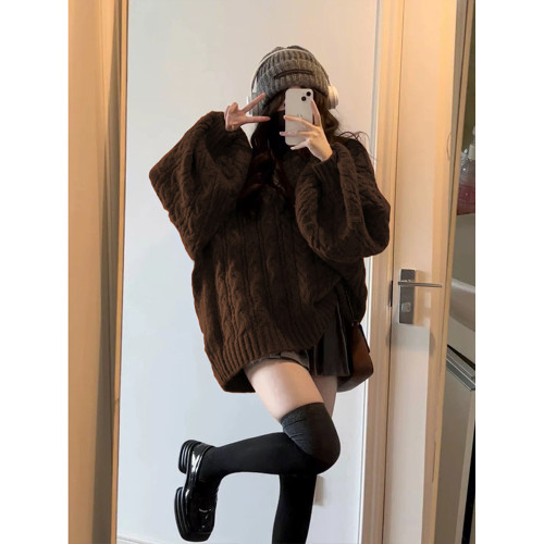 200斤胖MM慵懶復古V領寬松咖色麻花毛衣女學生秋冬外穿百搭針織衫