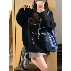 小衆設計感黑色毛衣女高中初中學生秋冬款寬松字母針織衫打底上衣