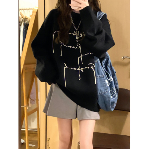 小衆設計感黑色毛衣女高中初中學生秋冬款寬松字母針織衫打底上衣
