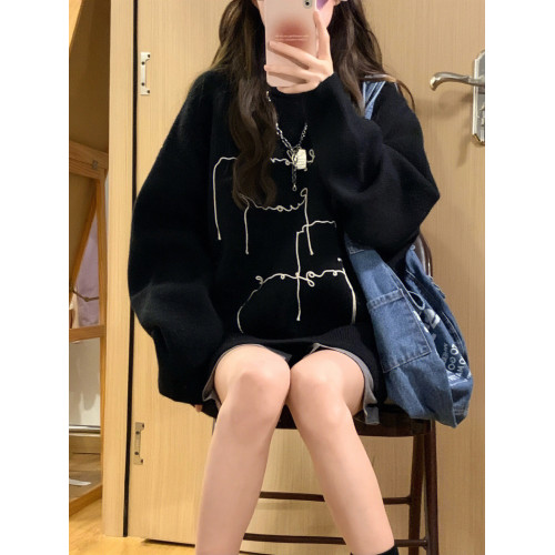 小衆設計感黑色毛衣女高中初中學生秋冬款寬松字母針織衫打底上衣