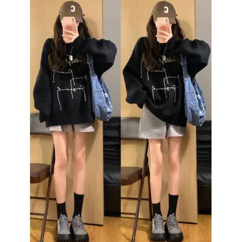 小衆設計感黑色毛衣女高中初中學生秋冬款寬松字母針織衫打底上衣