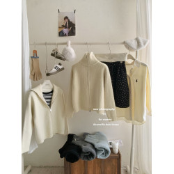 baby奶藍色美式立領雙拉鍊毛衣開衫女冬復古軟糯加厚洋氣針織外套