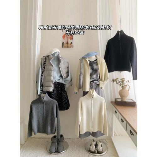 baby奶藍色美式立領雙拉鍊毛衣開衫女冬復古軟糯加厚洋氣針織外套