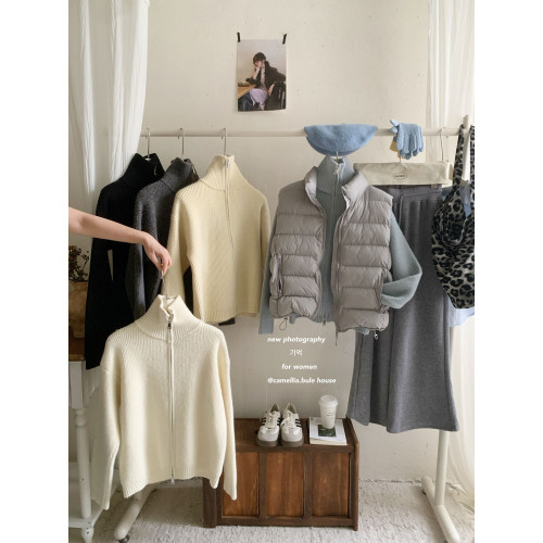 baby奶藍色美式立領雙拉鍊毛衣開衫女冬復古軟糯加厚洋氣針織外套