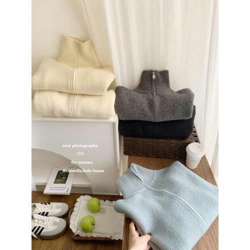 baby奶藍色美式立領雙拉鍊毛衣開衫女冬復古軟糯加厚洋氣針織外套