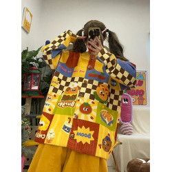 BIBULU自製 復古彩色漢堡小狗印花寬松大碼開衫毛衣外套上衣秋冬