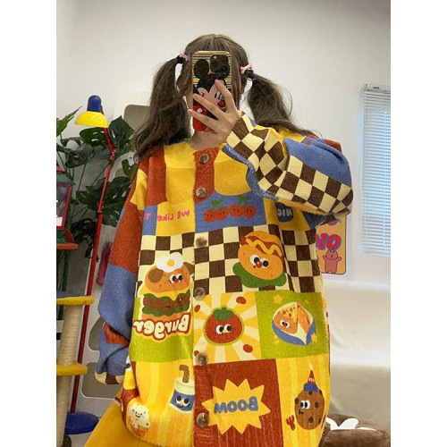 BIBULU自製 復古彩色漢堡小狗印花寬松大碼開衫毛衣外套上衣秋冬