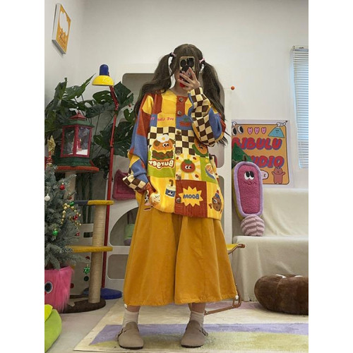 BIBULU自製 復古彩色漢堡小狗印花寬松大碼開衫毛衣外套上衣秋冬