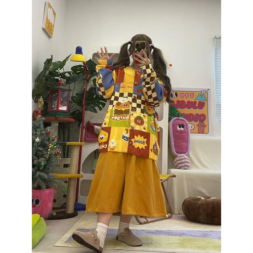 BIBULU自製 復古彩色漢堡小狗印花寬松大碼開衫毛衣外套上衣秋冬