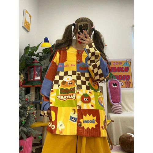 BIBULU自製 復古彩色漢堡小狗印花寬松大碼開衫毛衣外套上衣秋冬