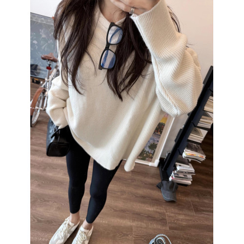 韓系慵懶風白色圓領毛衣女秋冬新款小個子寬松顯瘦套頭針織衫上衣