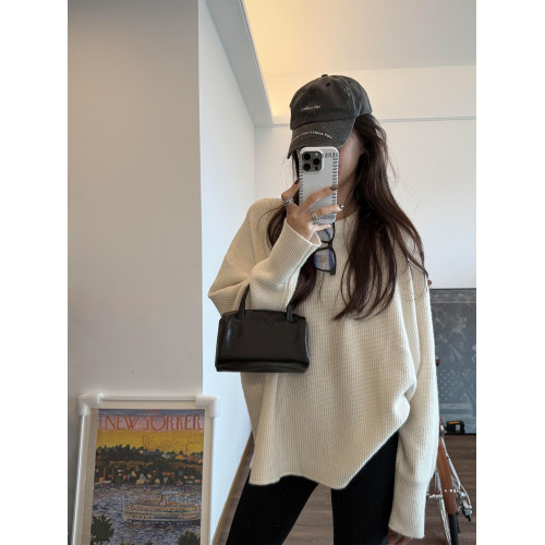 韓系慵懶風白色圓領毛衣女秋冬新款小個子寬松顯瘦套頭針織衫上衣