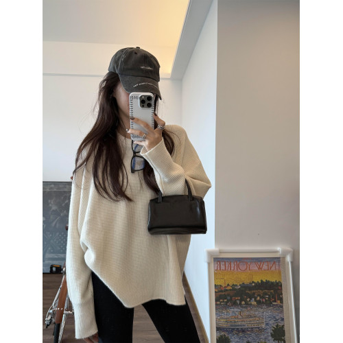 韓系慵懶風白色圓領毛衣女秋冬新款小個子寬松顯瘦套頭針織衫上衣