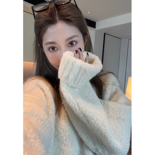 秋冬小衆慵懶風寬松加厚圈圈毛巾卷毛外穿內搭圓領針織衫毛衣女