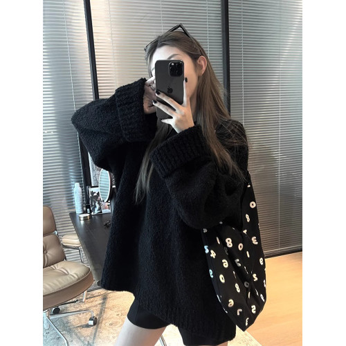 秋冬小衆慵懶風寬松加厚圈圈毛巾卷毛外穿內搭圓領針織衫毛衣女