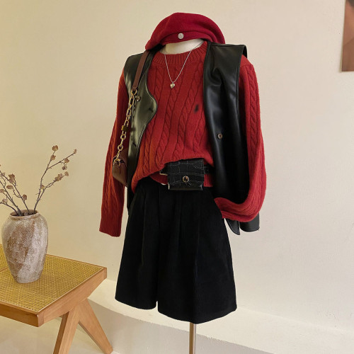 海德公園~英倫風刺綉麻花套頭毛衣女秋冬內搭外穿復古圓領針織衫