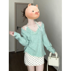 綠色掛脖毛衣女2025新款爆款秋冬季穿搭法式針織衫上衣套裝設計感