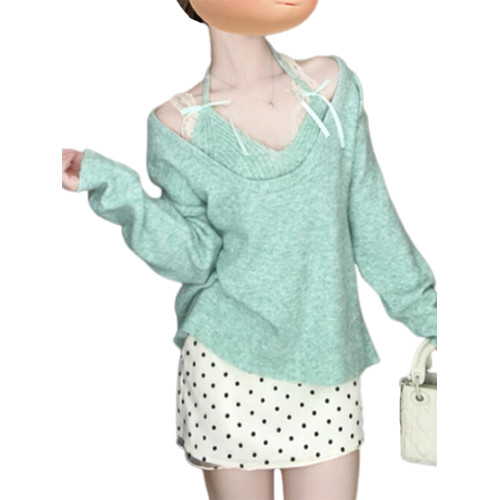 綠色掛脖毛衣女2025新款爆款秋冬季穿搭法式針織衫上衣套裝設計感