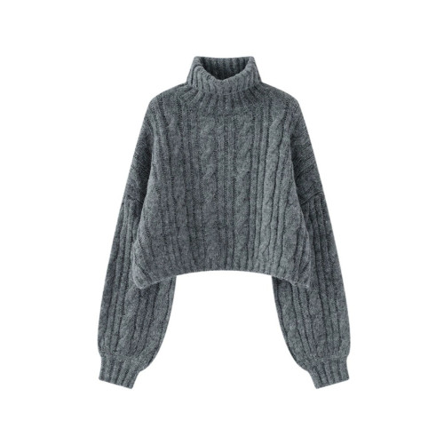 高級感復古麻花灰色高領短款毛衣女秋冬寬松顯瘦美拉德針織衫上衣
