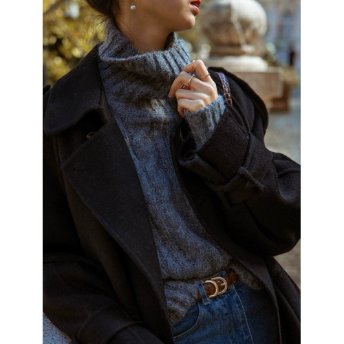 高級感復古麻花灰色高領短款毛衣女秋冬寬松顯瘦美拉德針織衫上衣