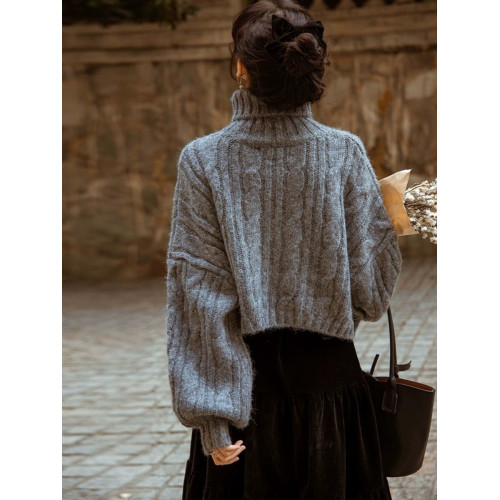 高級感復古麻花灰色高領短款毛衣女秋冬寬松顯瘦美拉德針織衫上衣