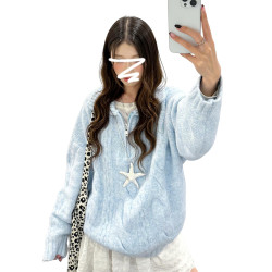 藍色奶fufu慵懶風套頭毛衣女秋冬季2025新款韓系穿搭寬松針織上衣