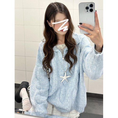 藍色奶fufu慵懶風套頭毛衣女秋冬季2025新款韓系穿搭寬松針織上衣