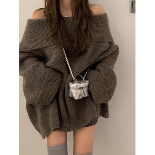 秋冬新款韓版純欲風一字領針織開衫女寬松慵懶風休閒露肩大毛衣厚