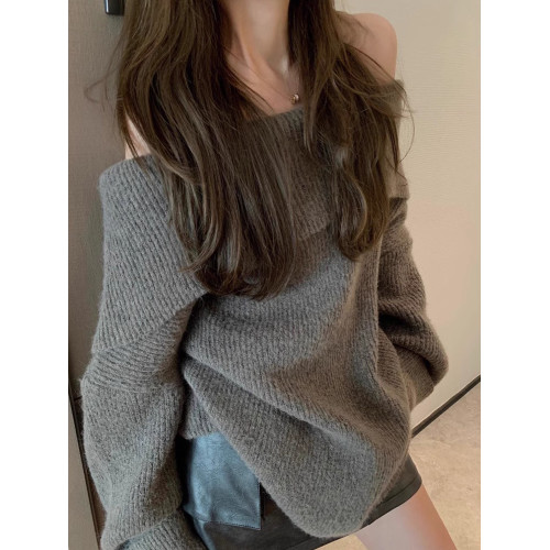 秋冬新款韓版純欲風一字領針織開衫女寬松慵懶風休閒露肩大毛衣厚