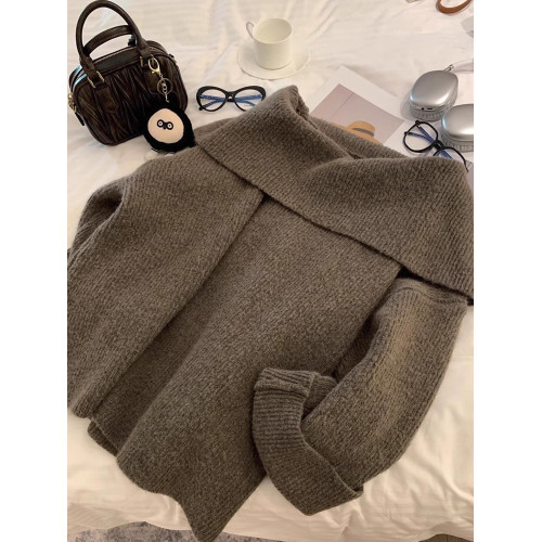 秋冬新款韓版純欲風一字領針織開衫女寬松慵懶風休閒露肩大毛衣厚