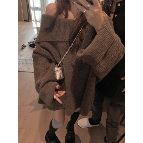 秋冬新款韓版純欲風一字領針織開衫女寬松慵懶風休閒露肩大毛衣厚