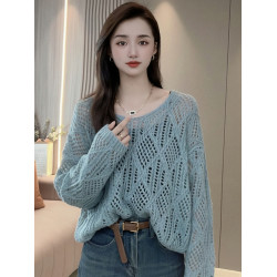 春秋季長袖薄款鏤空針織衫秋裝女2025新款寬松慵懶風V領針織上衣