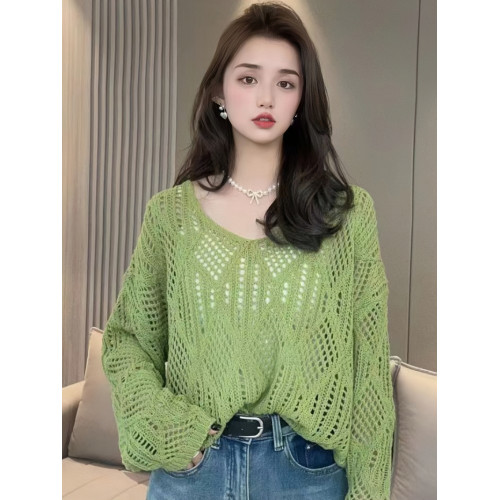 春秋季長袖薄款鏤空針織衫秋裝女2025新款寬松慵懶風V領針織上衣 春秋季長袖薄款鏤空針織衫秋裝女2025新款寬松慵懶風V領針織上衣