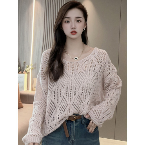 春秋季長袖薄款鏤空針織衫秋裝女2025新款寬松慵懶風V領針織上衣 春秋季長袖薄款鏤空針織衫秋裝女2025新款寬松慵懶風V領針織上衣