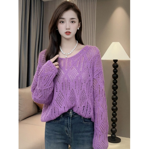 春秋季長袖薄款鏤空針織衫秋裝女2025新款寬松慵懶風V領針織上衣 春秋季長袖薄款鏤空針織衫秋裝女2025新款寬松慵懶風V領針織上衣