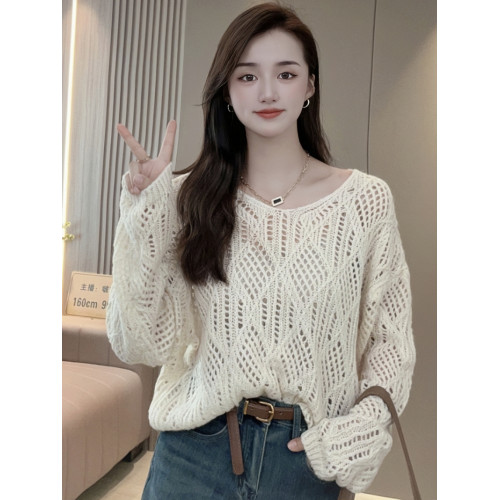 春秋季長袖薄款鏤空針織衫秋裝女2025新款寬松慵懶風V領針織上衣 春秋季長袖薄款鏤空針織衫秋裝女2025新款寬松慵懶風V領針織上衣