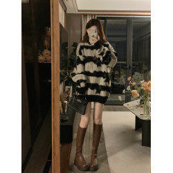 大碼復古慵懶風斑馬紋星星套頭毛衣女秋冬新款設計感小衆針織上衣