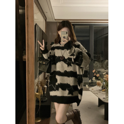大碼復古慵懶風斑馬紋星星套頭毛衣女秋冬新款設計感小衆針織上衣 大碼復古慵懶風斑馬紋星星套頭毛衣女秋冬新款設計感小衆針織上衣