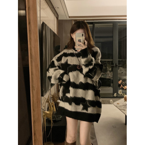 大碼復古慵懶風斑馬紋星星套頭毛衣女秋冬新款設計感小衆針織上衣 大碼復古慵懶風斑馬紋星星套頭毛衣女秋冬新款設計感小衆針織上衣