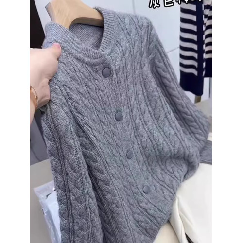 歐貨復古圓領灰色長袖針織衫毛衣女大碼胖MM秋冬新款麻花開衫上衣