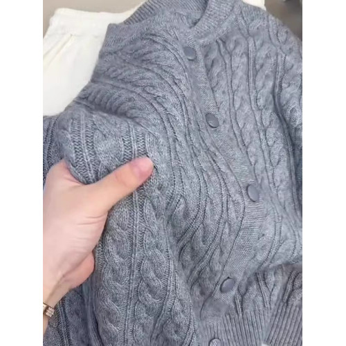 歐貨復古圓領灰色長袖針織衫毛衣女大碼胖MM秋冬新款麻花開衫上衣