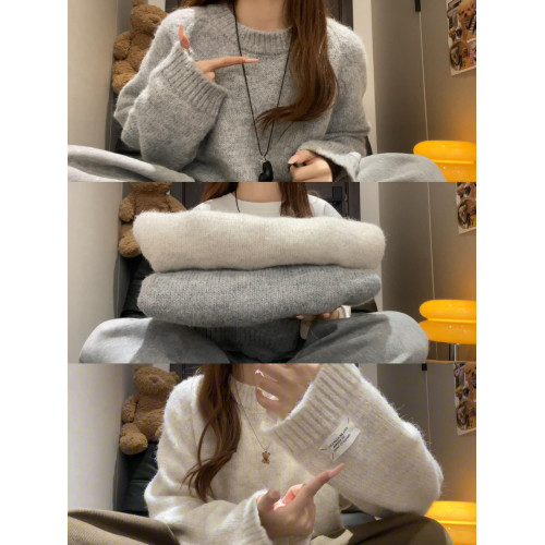 韓系基礎巨好看圓領長袖毛衣女秋冬季寬松慵懶軟糯套頭針織衫上衣
